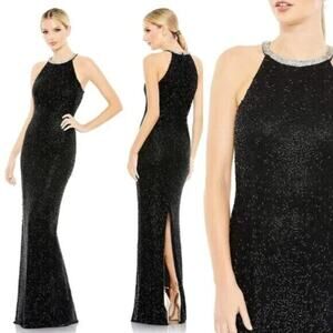 New Mac Duggal 93742 Beaded High Neck Column Gown Black